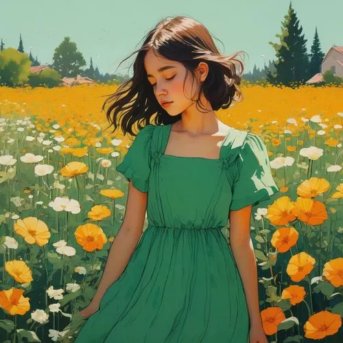 girl in flowers,girl picking flowers,girl in the garden,yellow cosmos,blooming field,flower field,Illustration,Paper based,Paper Based 19