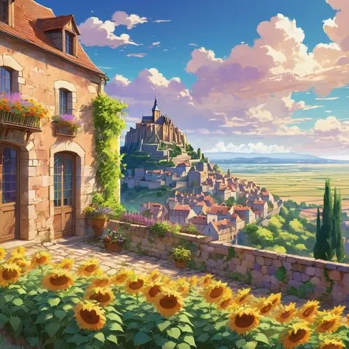 French countryside, rustic villa, stone walls, wooden shutters, terra cotta roof tiles, vines crawling up facade, blooming lavender fields, sunflowers, greenery, rolling hills, distant Mont Saint-Mich