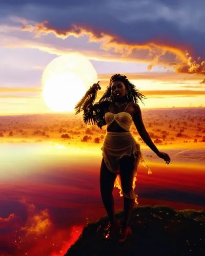 nude Beautiful nigerian girl, full dark curly hair, big dark almond eyes, full red lips, misty sky,a woman with a bird on her shoulder and arms,sundancer,sun god,daybreaker,auriongold,mahadeva,sun kin