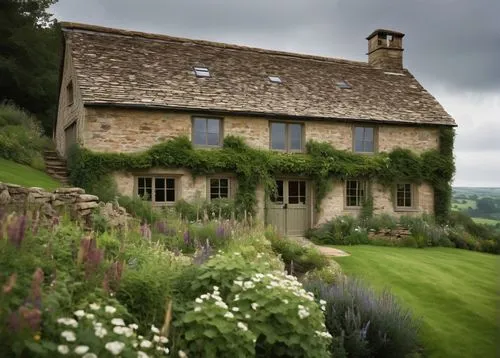 Rustic modern barn-style house, architectural design, Barnsley village, English countryside, rolling hills, green pastures, wooden beams, stone walls, sloping roofs, dormer windows, chimney, ivy climb