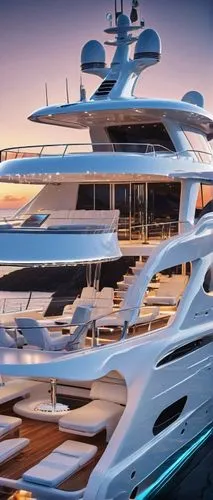 Futuristic yacht, sleek design, naval architecture, white hull, silver trim, glass windows, open deck, luxury lounge chairs, parasol, wooden floor, chrome railings, spotlights, LED lights, ocean waves