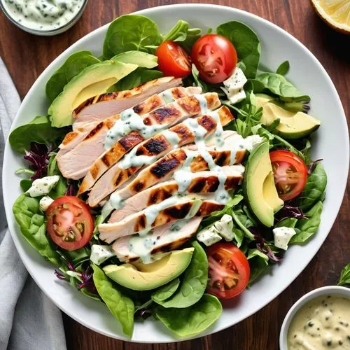 cobb salad,avocado salad,spinach salad,tuna salad,green salad,remoulade,blue cheese dressing,salad niçoise,side salad,cut salad,grilled chicken,tuna steak,thousand island dressing,white cut chicken,salad,chinese chicken salad,ranch dressing,saladitos,chicken breast fillet,keto,Photography,General,Realistic