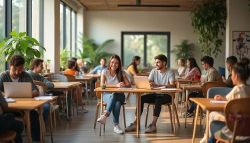 Cozy community space, student hall, modern minimalist interior design, wooden tables, metal chairs, colorful throw pillows, large windows, natural light, green plants, warm atmosphere, students social