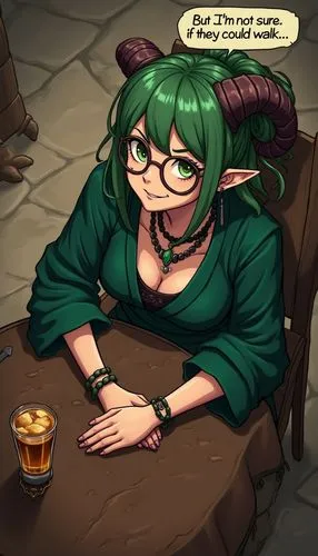 Draw in anime style: A smiling, nerdy, glasses-wearing, horned, barefoot, green-haired, evil druid girl,  wearing short dark-emerald robes, wearing Gothic jewelry, is seated at a tavern table. A bubbl