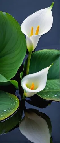 Calla lily, white petals, yellow center, delicate, slender stem, green leaves, water reflection, lake shore, morning dew, soft lighting, shallow depth of field, botanical illustration style, realistic