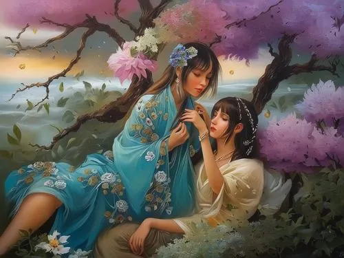 chinese art,oriental painting,dongfang meiren,romantic scene,oil painting on canvas,korean culture,romantic portrait,fantasy picture,asian culture,jasmine blossom,young couple,japanese art,splendor of