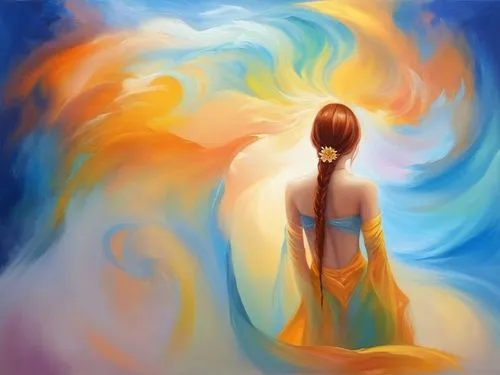 Painting Abstract Body Art Oil Painting,flame spirit,mystical portrait of a girl,sylphs,sundancer,eurythmy,sunburst background,aflame,igniting,orihime,soulfire,world digital painting,inner light,flame