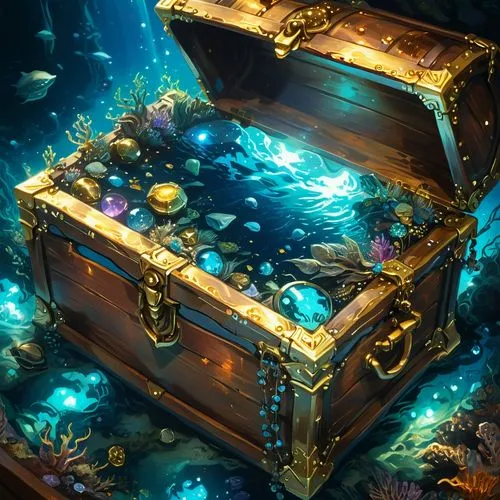 treasure chest on the bottom of  the deep blue sea with sparkling gems and gold spread all over the bottom floor,a wooden trunk with some sort of underwater scene,treasure chest,pirate treasure,underw