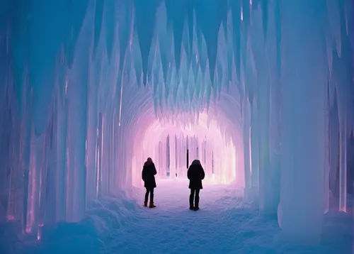 Narrate a magical winter wonderland with ice castles,ice cave,ice castle,glacier cave,ice hotel,ice wall,entrance glacier,purple wallpaper,wall,the blue caves,blue caves,blue cave,ice,ice planet,icicl