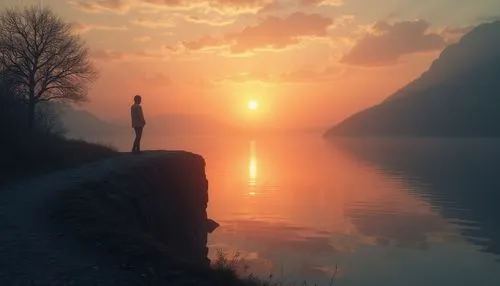 person standing on cliff overlooking sunset at lake,daybreak,solitude,stille,quietude,sunrise,serene,Photography,General,Realistic