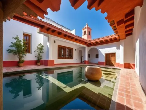 DISEÑO DE UNA CASA ESTILO MEXICANO MODERNO, CON UN CLAUSTRO CONFORMADO POR UNA TERRAZA  A BASE DE VIGAS DE MADERA, TEJA, COLUMNAS REDONDAS, EN EL CENTRO UN ESPEJO DE AGUA, CON EL ESTILO DE LA ARQUITEC