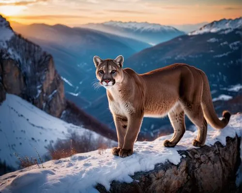 a cougar walks on a snowy cliff,a mountain lion looks back at the camera while standing on top of snow covered hills,mountain lion,great puma,caracal,cougar,south american gray fox,majestic nature,can