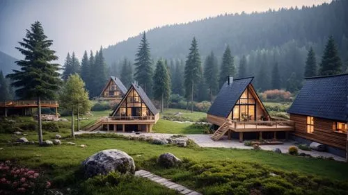 three small wooden cabins in a grass area,alpine village,mountain huts,house in mountains,house in the mountains,wooden houses,log home,mountain village,the cabin in the mountains,mountain settlement,