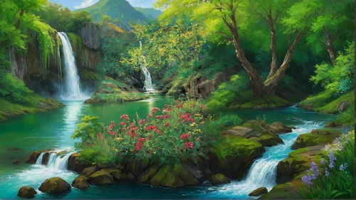 瀑布，山水，春天，花卉，油画,green waterfall,landscape background,river landscape,lilly of the valley,nature landscape,a small waterfall,green landscape,brook landscape,mountain spring,lilies of the valley,waterfal