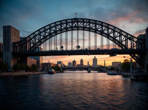 Vibrant cityscape, majestic bridge structure, steel arches, suspended cables, urban waterway, reflective river surface, sunset warm lighting, deep blue shadows, industrial metallic colors, weathered c