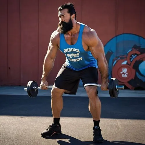 muscular man, big build, oily skin, sweaty, intense gaze, messy black hair, thick beard, tank top, athletic shorts, sports shoes, weightlifting pose, gym setting, urban background, strong lighting, dr