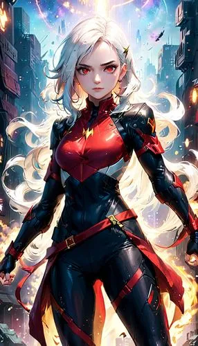 A realistic full-body portrayal of a female superhero inspired by the Phyla-Vell character with a red and black costume and white hair. She is depicted as a strong, athletic figure, symbolizing her po