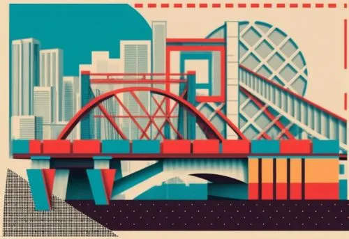 frontal composition of geometric shapes, lines on the theme of a bridge in the city,an artistic art piece depicts the city of denver,puente,chongqing,pattullo,paris clip art,ponte,pictbridge,Illustrat