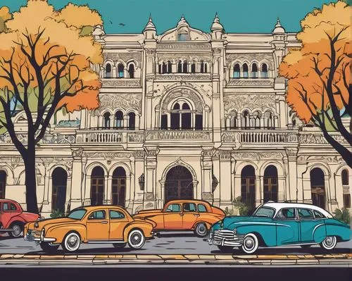 Bombay architecture, Victorian-style building, intricate stone carvings, ornate facades, grand entrance with arched doors, stained glass windows, balconies with iron railings, vibrant Indian-inspired 