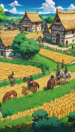 Medieval vegetation scene with horses, a village and inhabitants planting wheat.,yamada's rice fields,agricultural scene,rice fields,ghibli,ricefield,the rice field,farm background,gintama,rice field,