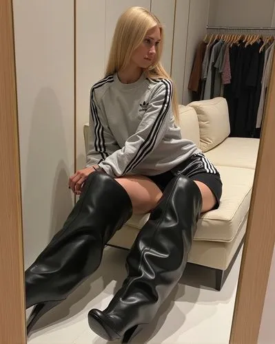 The image features a woman sitting on a beige couch in a dressing room or walk-in closet, surrounded by hanging clothes in the background. She is taking a mirror selfie, holding a smartphone in front 