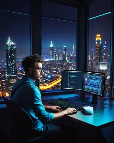 man with a computer,night administrator,cybertrader,computer workstation,computer room,blur office background,cybercriminals,computer business,computerization,computer monitor,deskpro,computerologist,modern office,cyberview,cyberpunk,computer graphic,programmer,cyberscene,computer screen,working space,Illustration,Retro,Retro 05