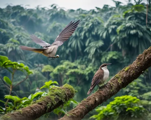 burung cendrawasih, cerahkan cahaya agar suasananya menjadi pagi. tambahkan burung-burung kecil. gambar sangat tajam, dengan pewarnaan maksimal. cahaya terang. sangat realistis, sangat detail,bulbuls,