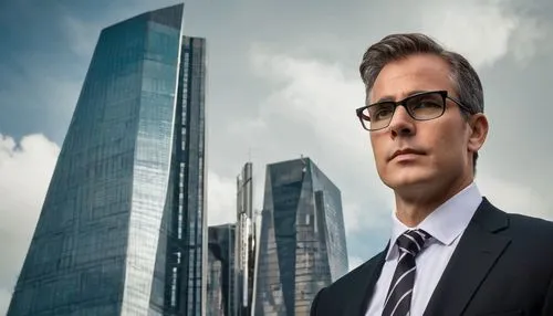 Middle-aged, male, PhD, architect, bespectacled, short brown hair, neat beard, formal attire, black suit, white shirt, tie, holding a model of a building, standing in front of a modern skyscraper, urb