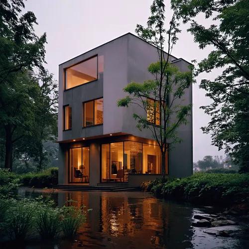 1building,a modern house lit up by large windows on the side of it,cubic house,modern house,cube house,modern architecture,house by the water,cube stilt houses,zoku,danish house,house in the forest,3d