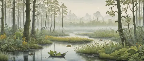 swampy landscape,swamp,river landscape,wetland,freshwater marsh,bayou,wetlands,tidal marsh,boat landscape,marsh,forest landscape,brook landscape,riparian forest,the ugly swamp,backwater,fishing float,backwaters,aquatic plants,green landscape,canoe,Illustration,Realistic Fantasy,Realistic Fantasy 31