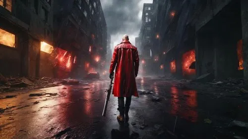   A Bald adult wearing a red jacket holding Zoom in , Fast motion video, Tracking subject, Sunlight glinting off the asphalt, “A post-apocalyptic cityscape, with  urban Cityscape and survivors running