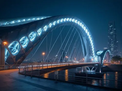 Futuristic bridge design, sleek steel arches, cantilevered walkways, suspension cables, metallic latticework, LED light installations, dynamic curves, aerodynamic shapes, high-strength concrete piers,