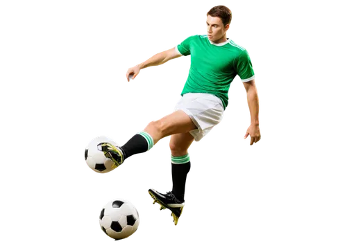 Soccer player, athletic male, muscular legs, green jersey, white shorts, black cleats, soccer ball at feet, dynamic pose, kicking action, stadium background blur, warm sunlight, dramatic lighting, 3/4