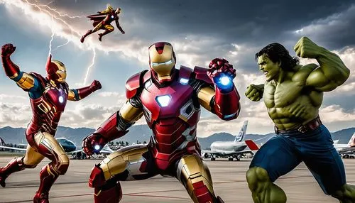 On one side are Loki and Thor and on the other side are Iron Man and Hulk. These four are fighting. In the background is Los Angeles airport. Many airplanes are blasting and lightning is striking.,iro