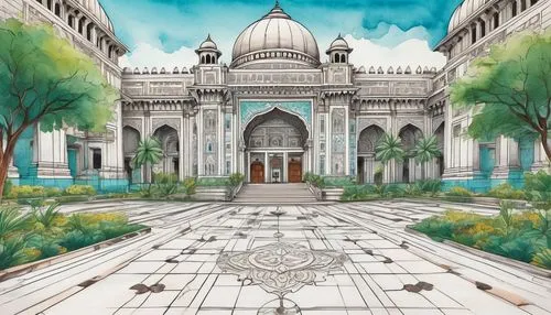 Modern Indian architectural design, tender submission, Maharashtra government building, intricate stone carvings, grand entrance, symmetrical columns, large dome structure, vibrant turquoise accents, 