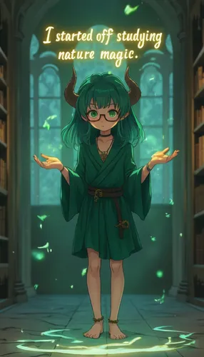 Glowing green and yellow orbs drip onto the floor and swirl around in a puddle. Gold lettering above glows and fades.,a cartoon girl is standing in front of some books,scholar,magister,magistra,wizard