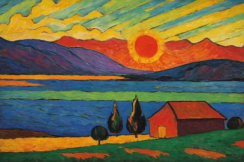 sun,olle gill,vincent van gough,khokhloma painting,lake neuchâtel,3-fold sun,1926,braque d'auvergne,1921,solar field,1925,sol,braque francais,rural landscape,1929,painting technique,layer of the sun,farm landscape,agua de valencia,landscape,Art,Artistic Painting,Artistic Painting 36