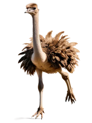 Large ostrich, brown feathers, long neck, small head, big eyes, strong legs, clawed feet, running, fast motion, dynamic pose, warm sunlight, natural habitat, savannah grassland, 3/4 composition, shall