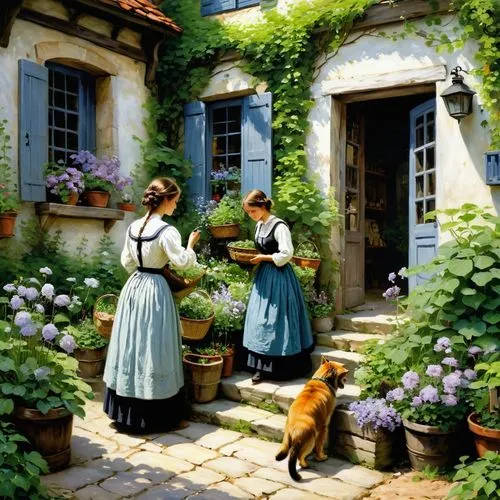 girl picking flowers,cottage garden,girl in the garden,flower delivery,picking flowers,florists,woman house,flower shop,floral greeting,idyll,village scene,in the garden,work in the garden,street scene,home landscape,italian painter,garden party,flower painting,splendor of flowers,serenade,Art,Classical Oil Painting,Classical Oil Painting 12