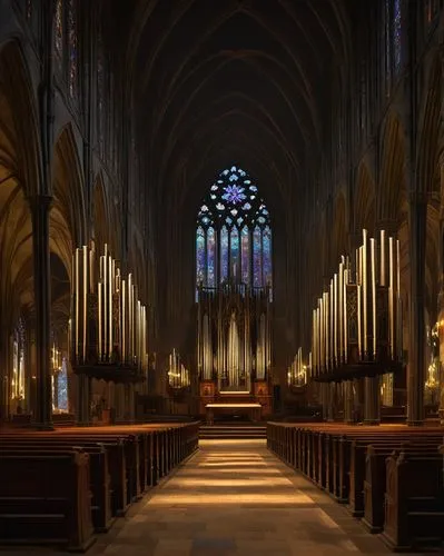 Catharsis, majestic gothic cathedral, intricate stone carvings, stained glass windows, dimly lit interior, rows of wooden pews, grand organ pipes, high ceilings, ornate chandeliers, mysterious shadows