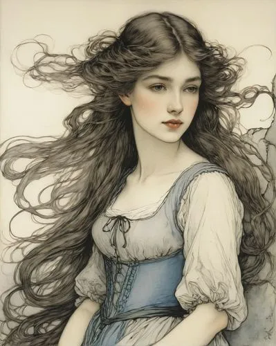 arthur rackham,white lady,the sea maid,portrait of a girl,mystical portrait of a girl,mucha,rusalka,eglantine,young woman,kate greenaway,vintage drawing,little girl in wind,lilian gish - female,young lady,la violetta,morbier,the snow queen,girl in a long,art nouveau,girl in the garden,Illustration,Retro,Retro 25