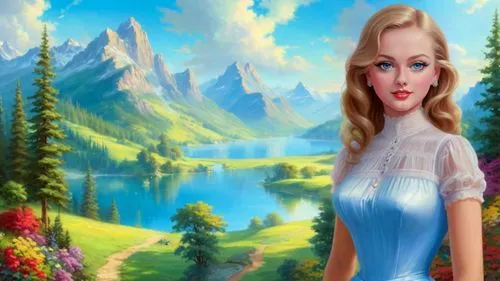 Romantic masterpiece oil painting, beautiful slim busty woman portrait, nostalgic 1950's style kitsch, standing in front of a breathtaking beautiful epic vast landscape, majestic vibrant lush wilderne