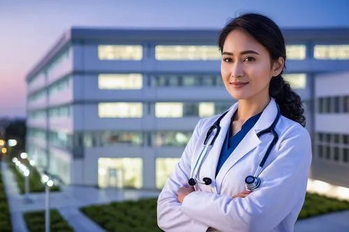 Modern healthcare facility, futuristic hospital building, sleek glass exterior, silver metal frames, angular lines, LED lights, rooftop garden, cityscape background, evening atmosphere, soft warm ligh