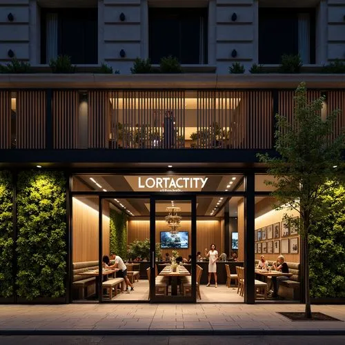 Contemporary restaurant facade, large glass windows, sliding doors, minimalist metal frames, sleek signage, rustic wood accents, green walls, vertical gardens, modern LED lighting, warm ambiance, cozy