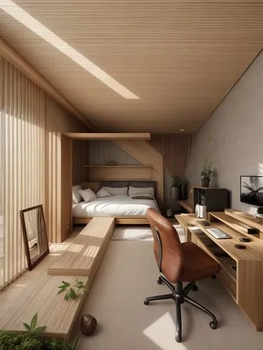 japanese-style room,modern room,sleeping room,3d rendering,bedroom,loft,render,room divider,wooden desk,interior modern design,modern office,danish room,guest room,archidaily,wooden sauna,timber house,wooden beams,wooden house,attic,working space,Interior Design,Bedroom,Modern,French Zen