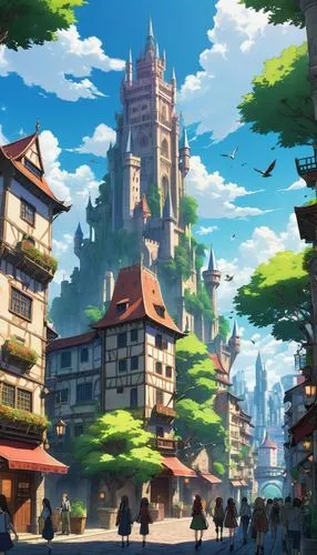 highstein,meteora,fantasy city,studio ghibli,maplestory,ghibli,knight village,ancient city,violet evergarden,city gate,townsquare,prefecture,aurora village,beautiful buildings,medieval town,citadels,skyscraper town,new castle,townsite,ichigaya,Illustration,Japanese style,Japanese Style 03