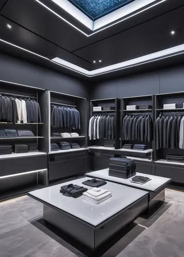 walk-in closet,closet,wardrobe,interior design,women's closet,men's wear,shop fittings,boutique,showroom,retail,modern room,dark cabinetry,modern style,interiors,menswear,the shop,ceiling lighting,paris shops,dark cabinets,gunmetal,Illustration,Black and White,Black and White 14