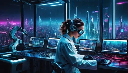 cyberpunk,girl at the computer,women in technology,neon human resources,computer room,sci fiction illustration,cyber,electronic market,cyber glasses,cyberspace,trading floor,virtual world,computer game,lan,fractal design,computer business,night administrator,laboratory,game illustration,computer art,Illustration,Realistic Fantasy,Realistic Fantasy 29