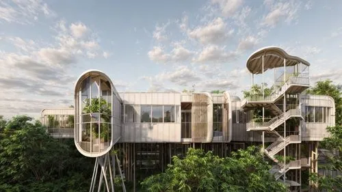 "Create an image of an open-air public space filled with abundant vegetation. The design should be inspired by the Herzog & de Meuron architecture studio, with minimalist shapes, clean geometry, and u