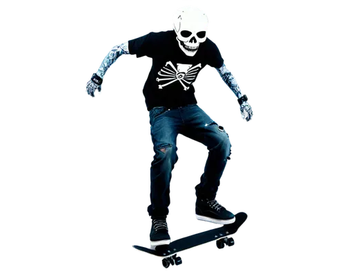 Skeleton, skateboarding, solo, (grinning skull), glowing eyes, white helmet, black skateboard, ripped jeans, black boots, tattoos on bones, dynamic pose, jumping in air, urban background, night scene,